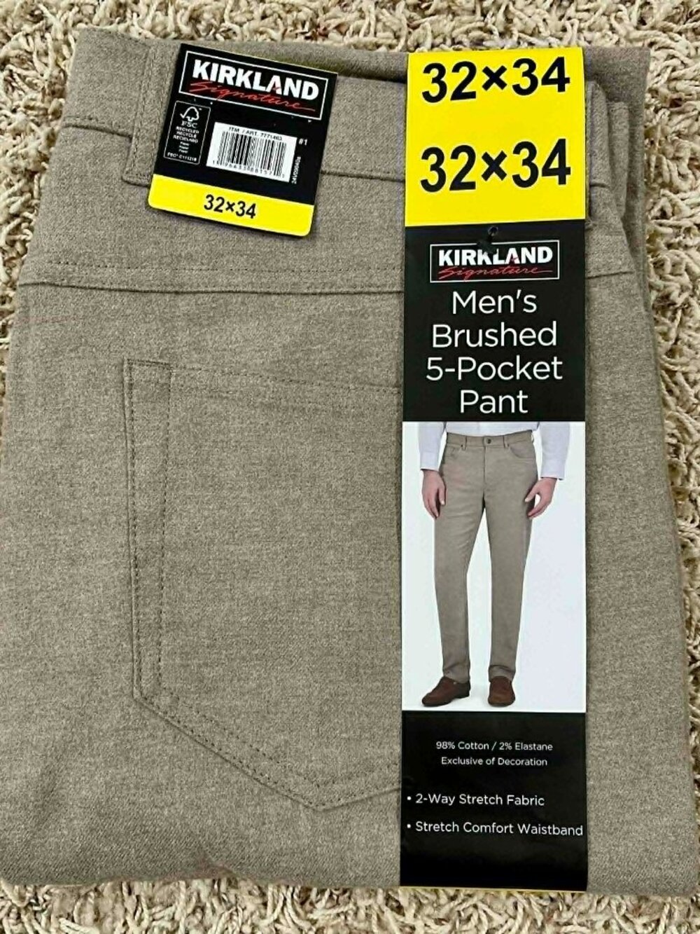 Kirkland Signature Men's Brushed 5-Pocket Pants Tan, Size 32x34 (New)